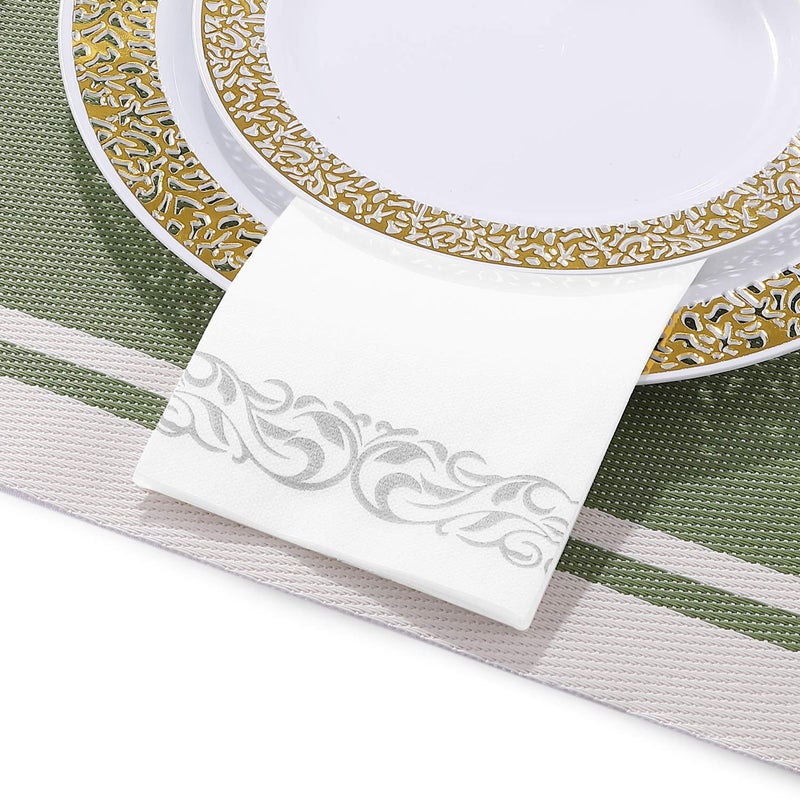 FOCUSLINE 200 Linen Feel Disposable Bathroom Napkins, Soft and Absorbent Paper Guest Towels, Cloth-Like Paper Hand Towels Decorative Napkins for Parties, Weddings, Dinners or Events, Silver, 12" x 17" - Image 4